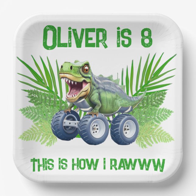 Plato De Papel Camión monstruo de los dinosaurios, cumpleaños per (Anverso)