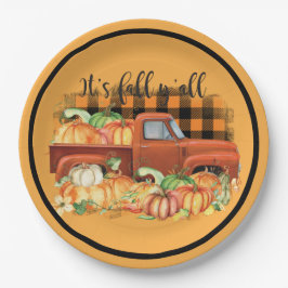 Plato De Papel Camión Naranja Antiguo Calabazas de Otoño