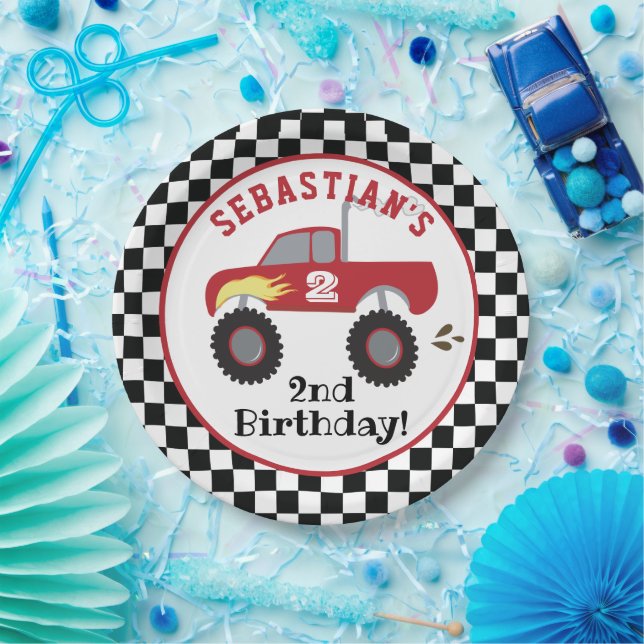 Plato De Papel Camión rojo Carreras de cumpleaños camionetas niño (Fiesta)