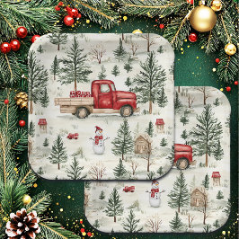 Plato De Papel Camión rojo con regalos y muñeco de nieve