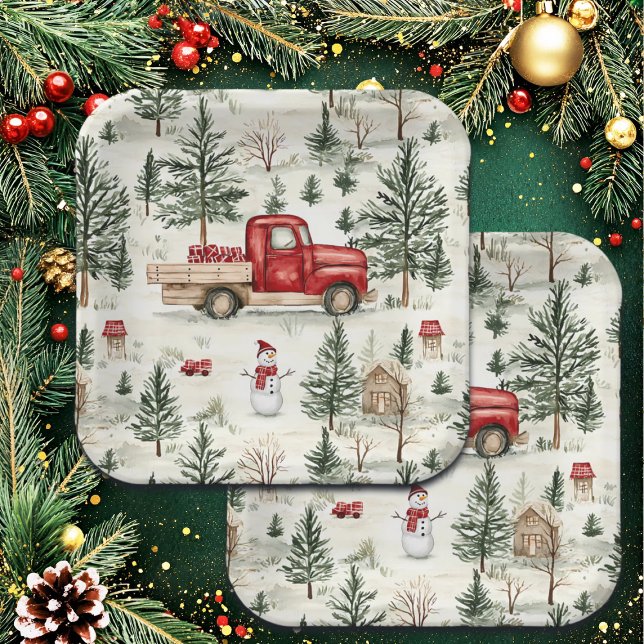 Plato De Papel Camión rojo con regalos y muñeco de nieve (Subido por el creador)