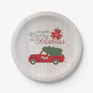 Plato De Papel Camión rojo vintage y árbol de Navidad