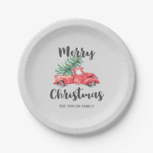Plato De Papel Camión rojo y fiesta de Navidad del árbol feliz