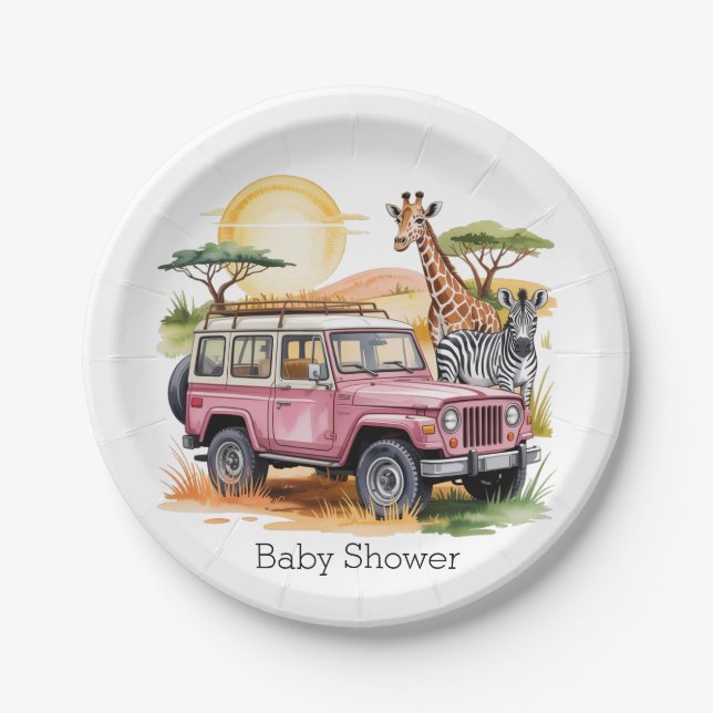 Plato De Papel Camión rosa con animales de Safari Baby Shower (Anverso)