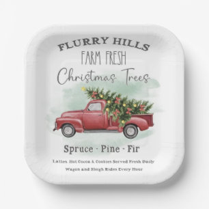 Plato De Papel Camión Vintage Con Granja De Árbol De Navidad Fres