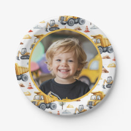 Plato De Papel Camiones de construcción amarillos foto niños cump