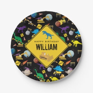 Plato De Papel Camiones de construcción dinosaurios en cumpleaños