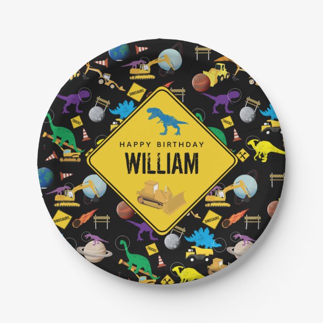 Plato De Papel Camiones de construcción dinosaurios en cumpleaños (Anverso)