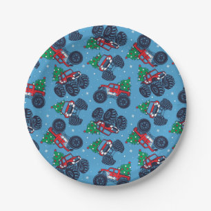 Plato De Papel Camiones monstruo y patrón de árboles de Navidad