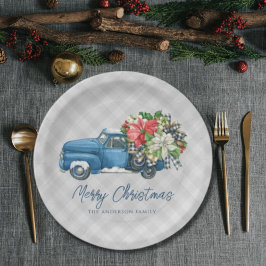 Plato De Papel Camioneta de Navidad Azul Vintage Plaid Granja Gri