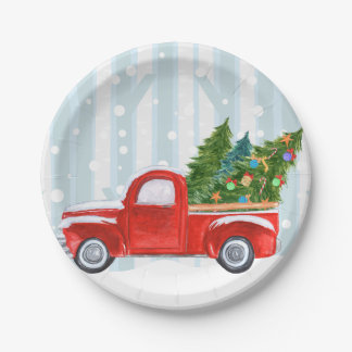 Plato De Papel Camioneta pickup roja del navidad en un camino
