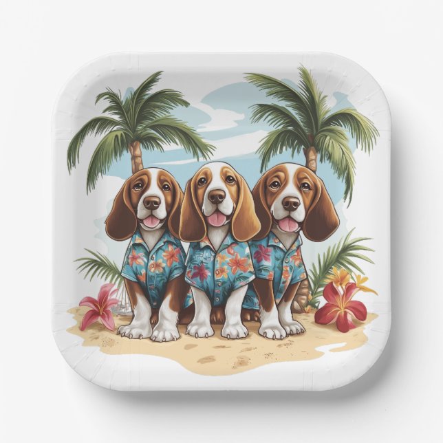Plato De Papel Camisetas hawaianos de Basset Hound (Anverso)