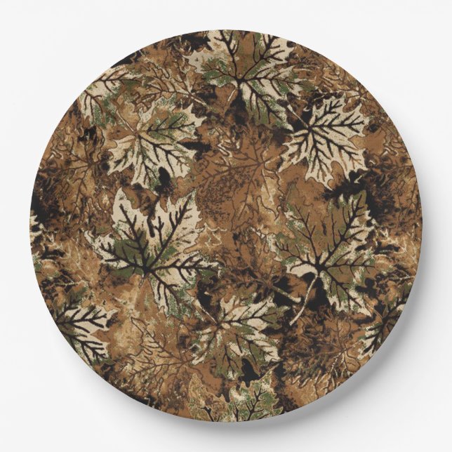 Plato De Papel Camo de Hojas Secas para Cazadores (Anverso)