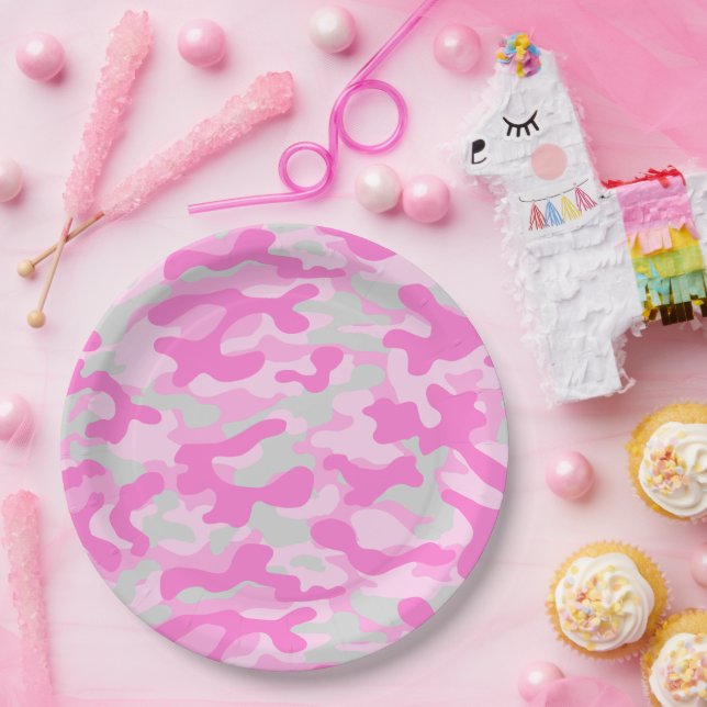 Plato De Papel Camo Rosa  (Fiesta)