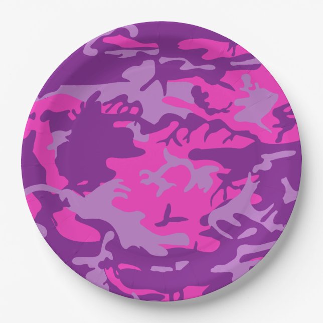 Plato De Papel Camo rosado y púrpura (Anverso)
