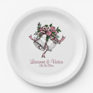 Plato De Papel Campanas de Boda Rosadas Nombres Fecha Personaliza