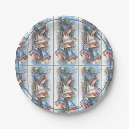 Plato De Papel Campanas de Navidad Vintage Azul Plateado