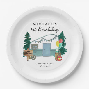 Plato De Papel Camper Van Trees Camping Feliz Primer Cumpleaños