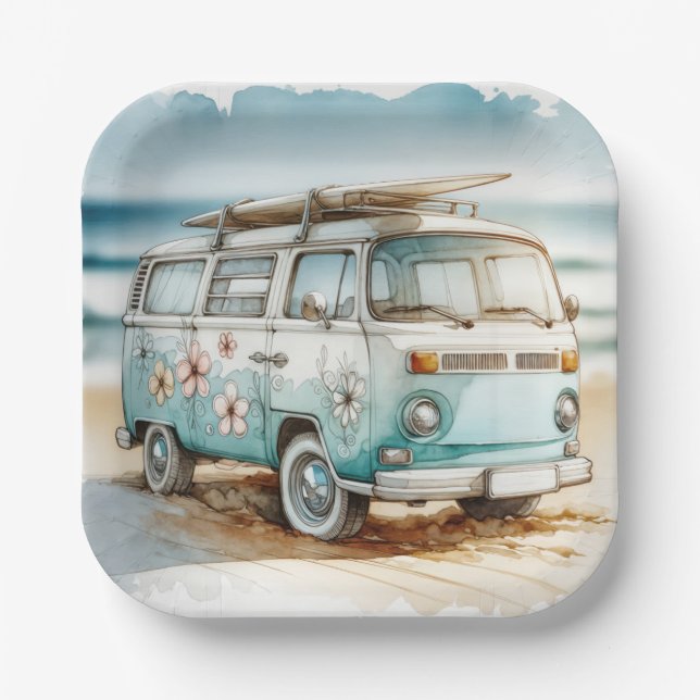 Plato De Papel Campervan Watercolor Retro Con Surfboard (Anverso)