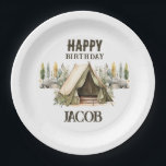 Plato De Papel Camping Adventure Kids Birthday Fiesta<br><div class="desc">Fiesta de cumpleaños de niños con temática neutral divertida. Excelente para cualquier temporada. ¡Construyamos algo divertido para tu pequeño en su cumpleaños! Personalizado,  personalizada,  editable descarga electrónica de la tienda acuarela,  árboles,  bosques,  brújula,  comienza la aventura,  camper feliz</div>