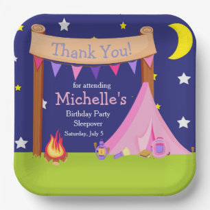 Plato De Papel Camping Cumpleaños fiesta Sleepover rosa y morado