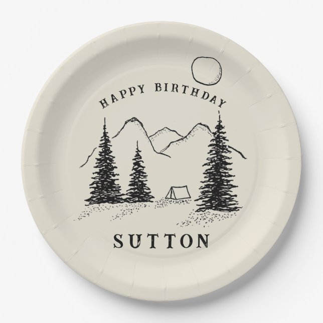 Plato De Papel Camping de cumpleaños personalizado (Anverso)