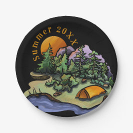 Plato De Papel Camping Rústico Escena de Montaña Boscosa