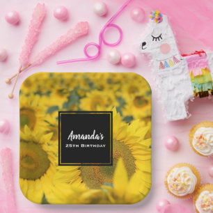 Plato De Papel Campo amarillo de girasoles. Fotografía Cumpleaños