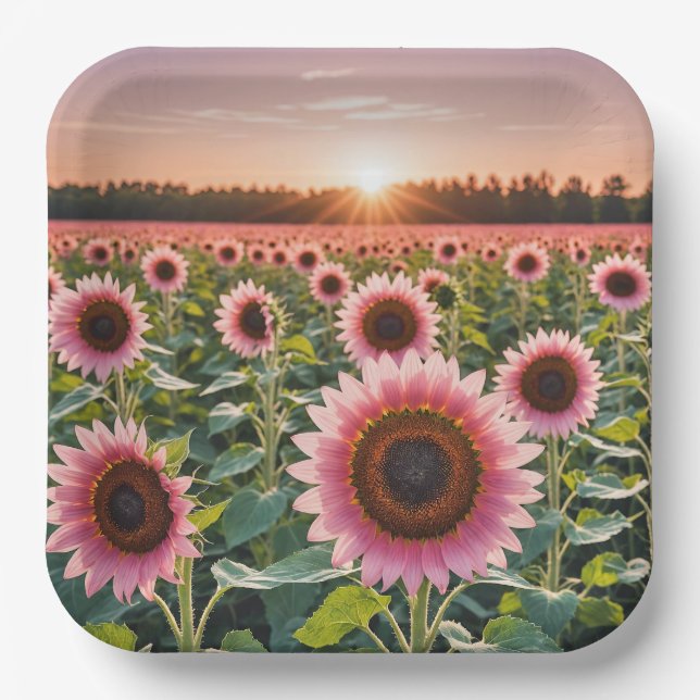 Plato De Papel Campo de girasol rosa (Anverso)