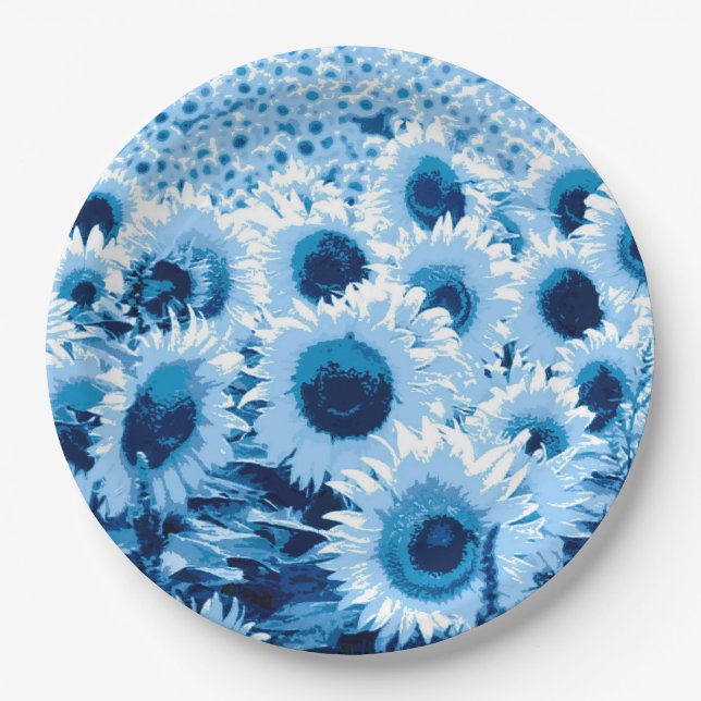 Plato De Papel Campo de girasoles - tonos azules (Anverso)