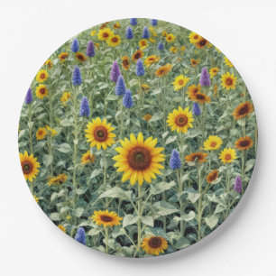 Plato De Papel Campo de Verano de Girasoles y Flores Silvestres