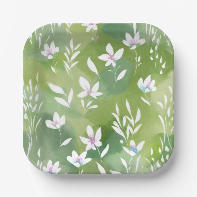 Plato De Papel Campos de Flores Blancas | Floral de Primavera Ele (Anverso)