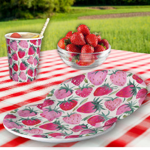 Plato De Papel Campos de fresas verano picnic rosa