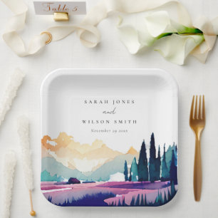 Plato De Papel Campos de Lilas del País Montañoso Paisaje Boda