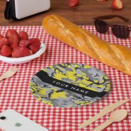 Plato De Papel Camuflaje amarillo y gris Tu nombre personaliza