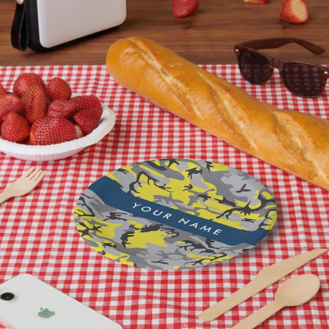 Plato De Papel Camuflaje amarillo y gris Tu nombre personaliza (Picnic)