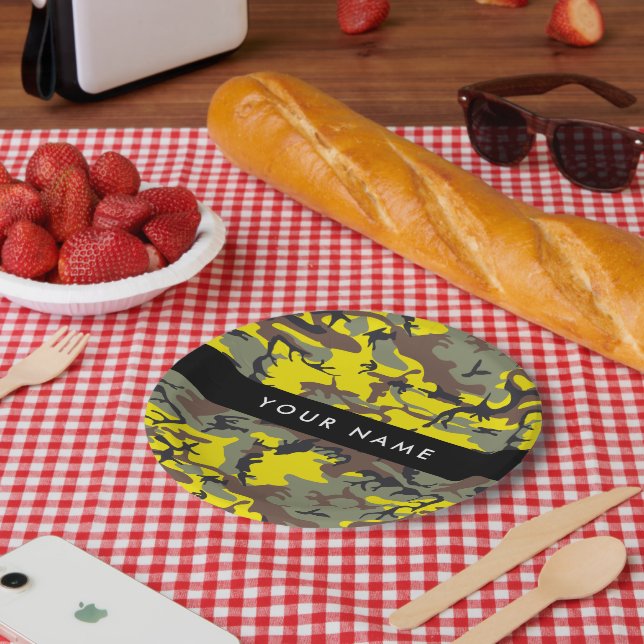 Plato De Papel Camuflaje amarillo y marrón Tu nombre Personaliza (Picnic)