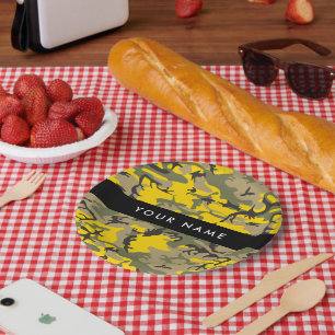 Plato De Papel Camuflaje Amarillo y Verde Personaliza tu nombre
