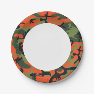 Plato De Papel Camuflaje del Bosque Naranja Verde. Camo tu