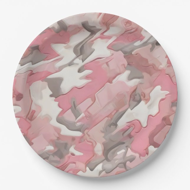 Plato De Papel camuflaje gris blanco rosa (Anverso)