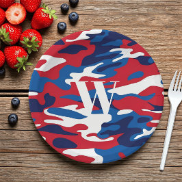 Plato De Papel Camuflaje patriótico Monograma Camo azul blanco ro