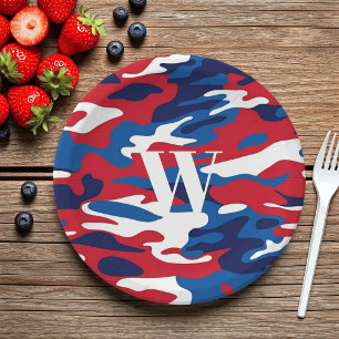 Plato De Papel Camuflaje patriótico Monograma Camo azul blanco ro