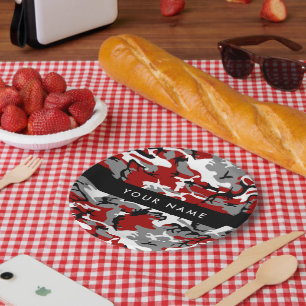 Plato De Papel Camuflaje rojo y gris Tu nombre Personaliza