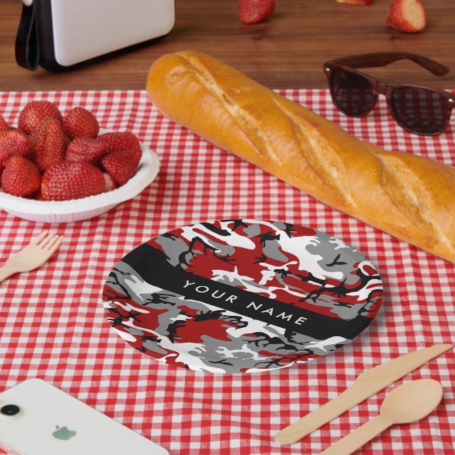 Plato De Papel Camuflaje rojo y gris Tu nombre Personaliza (Picnic)