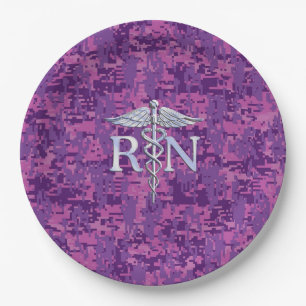 Plato De Papel Camuflaje rosa Caduceus de Enfermera Plata