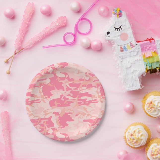 Plato De Papel Camuflaje rosa, ejército, ejército (Fiesta)