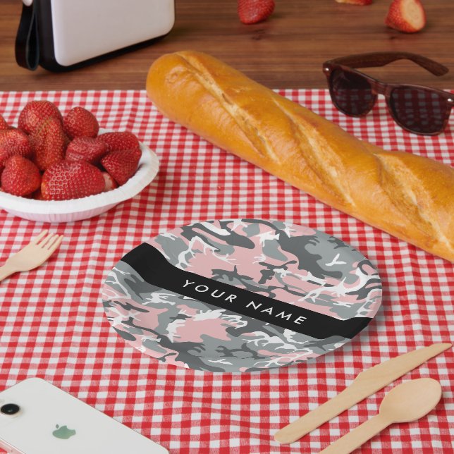 Plato De Papel Camuflaje rosa y gris Tu nombre Personaliza (Picnic)