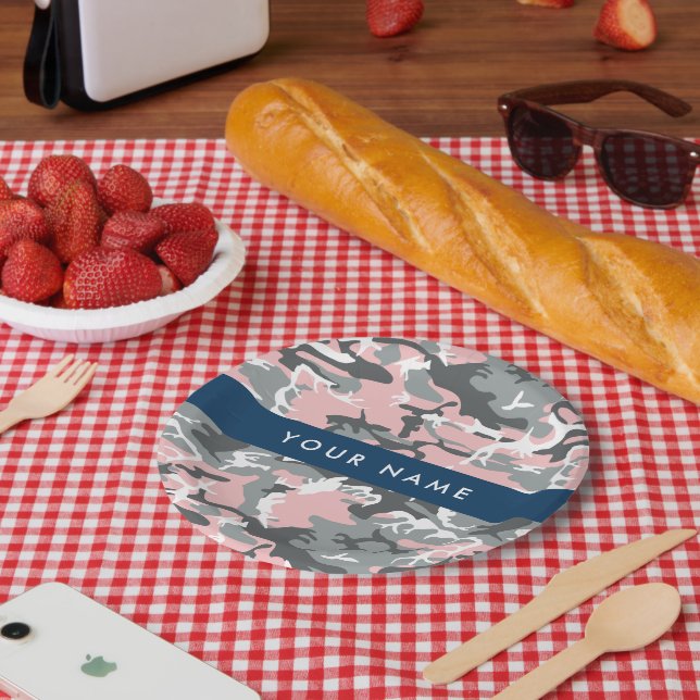 Plato De Papel Camuflaje rosa y gris Tu nombre Personaliza (Picnic)