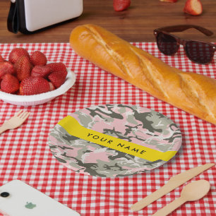 Plato De Papel Camuflaje rosa y verde Tu nombre Personaliza
