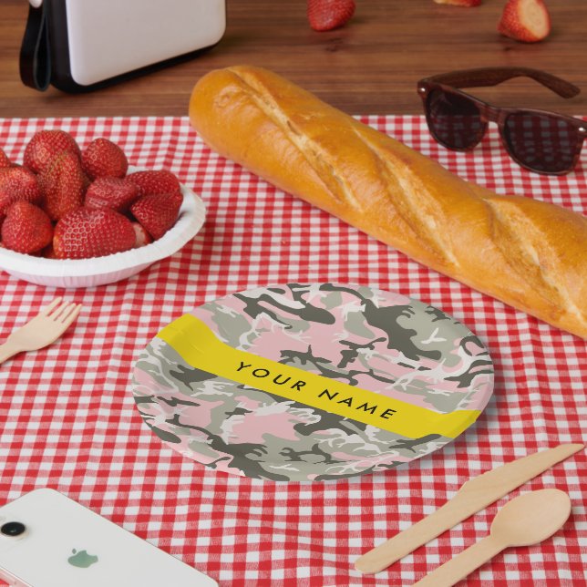 Plato De Papel Camuflaje rosa y verde Tu nombre Personaliza (Picnic)